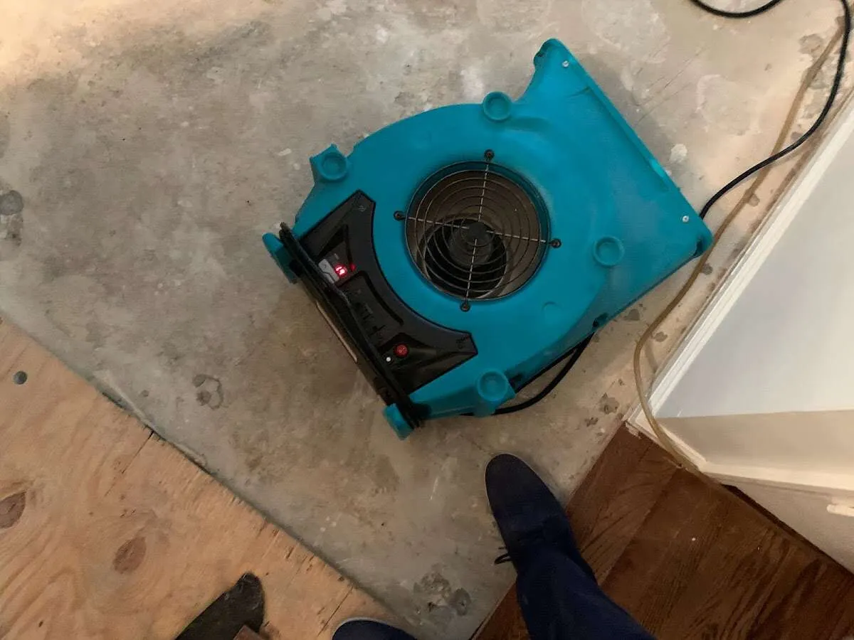 Air mover drying subfloor during Leak Detection & Repair in Vergennes